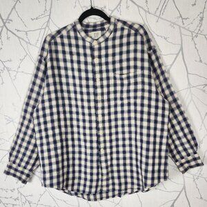GAP Navy Checks 55% Ramie Blend Button Front Band Collar Shirt